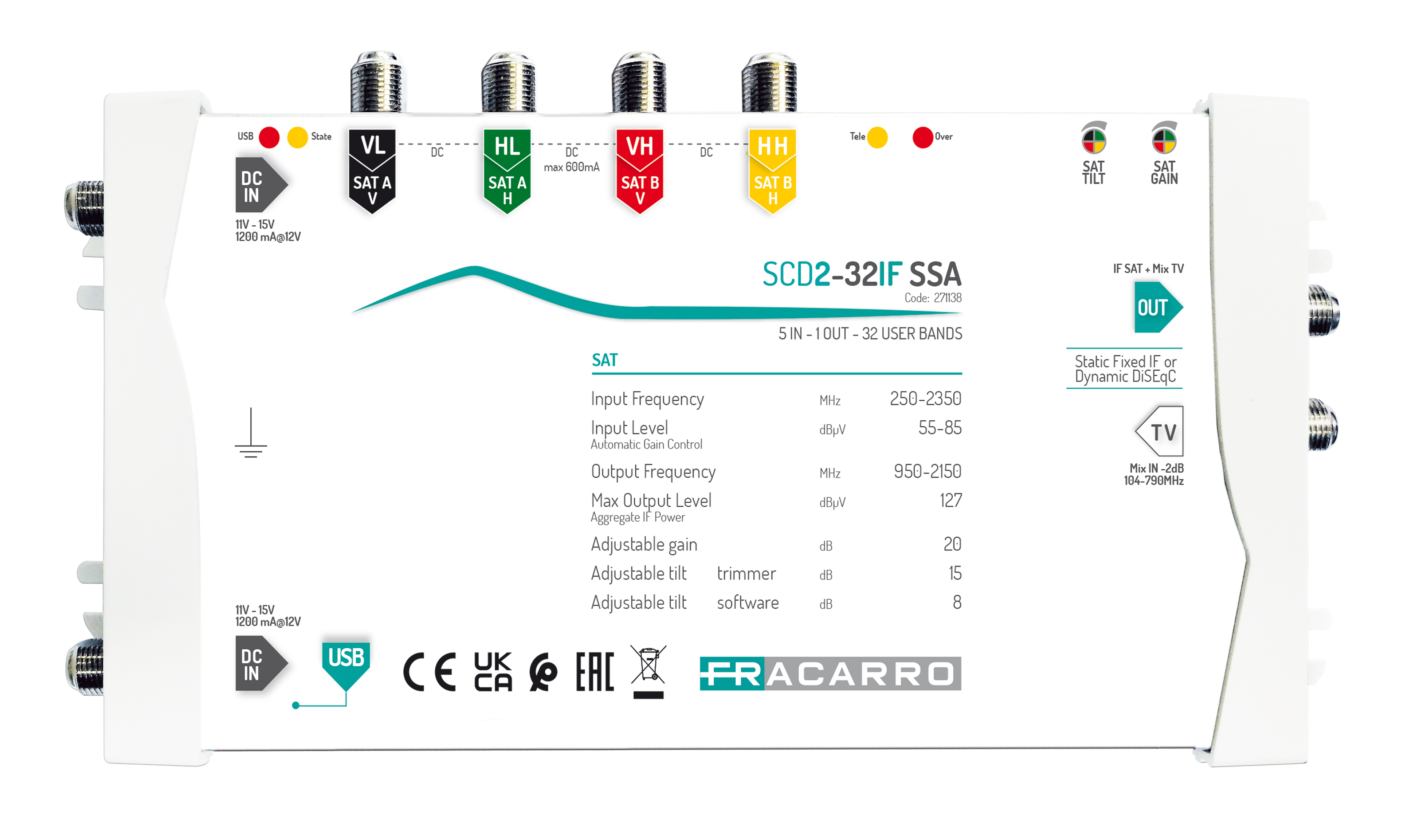 Centralino TV FRACARRO SCD2-5216W – 5 Ingressi, 2 Uscite, Antenna Integrata, Doppio Canale, 250g